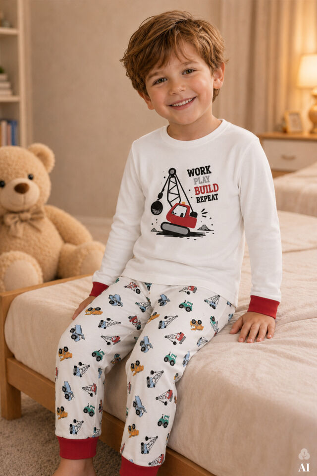 Erkek Çocuk Pamuklu Baskılı Uzun Kollu Uzun Alt Pijama Takımı Kırmızı - Beyaz - 7-8 Yaş