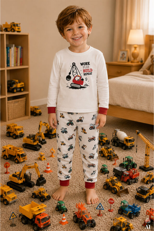 Erkek Çocuk Pamuklu Baskılı Uzun Kollu Uzun Alt Pijama Takımı Kırmızı - Beyaz - 7-8 Yaş