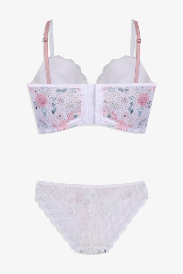 Kadın Işıltılı Desenli Düğmeli Dantel Detaylı Büstiyer Takım Ekru - 75B - Ekru - 75B