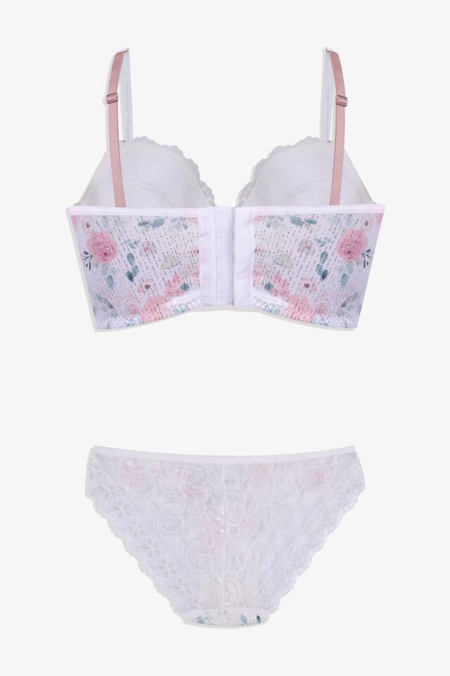 Kadın Işıltılı Desenli Düğmeli Dantel Detaylı Büstiyer Takım Ekru - 75B - Ekru - 75B