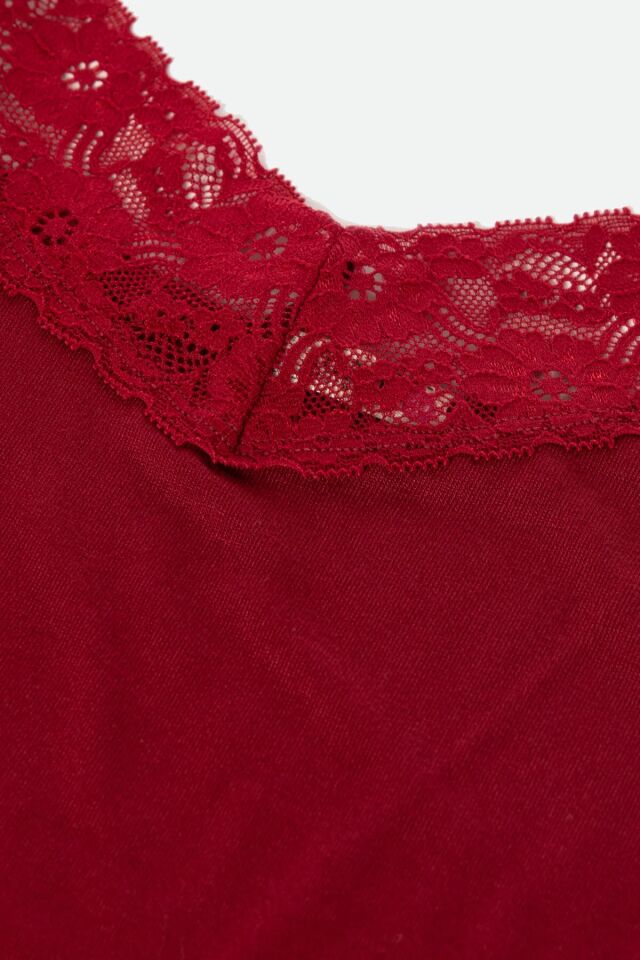 Kadın Viskon - Yumuşak Dokulu İp Askılı Dantel Detaylı Şortlu Takım KO70117 Bordo - S - KO70117 Bordo - S