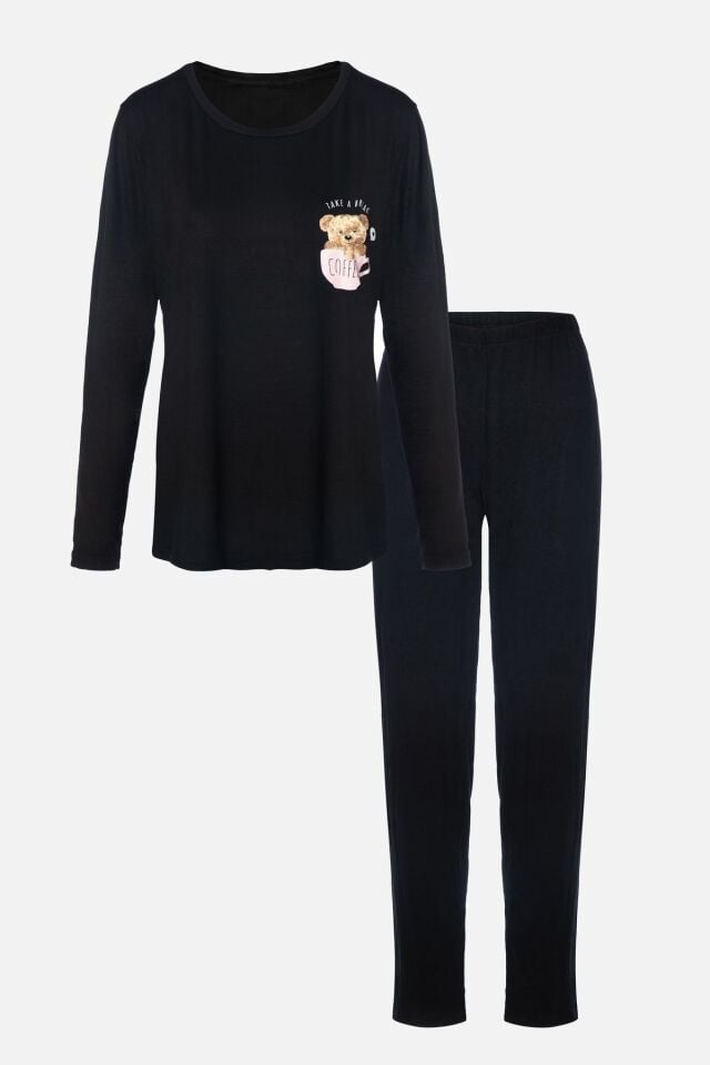 Kadın Yumuşak Dokulu Viskon Dökümlü Pijama Takımı Siyah - XL