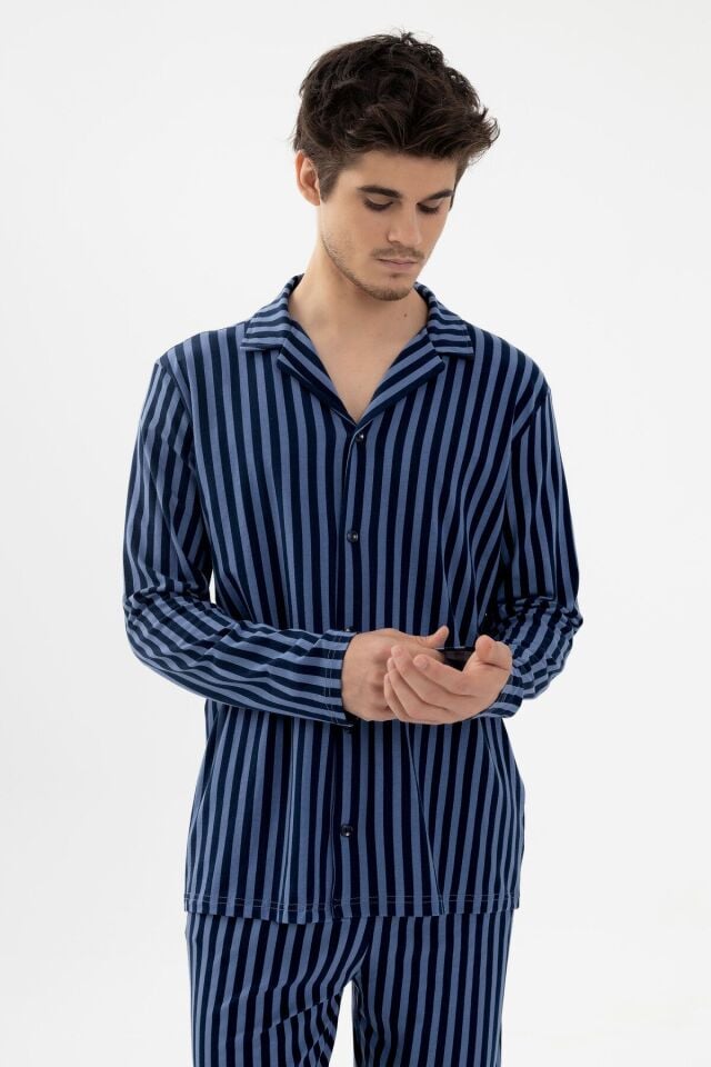Erkek Mavi Çizgili Pamuklu Kombinli Gömlek Yaka Pijama Takımı