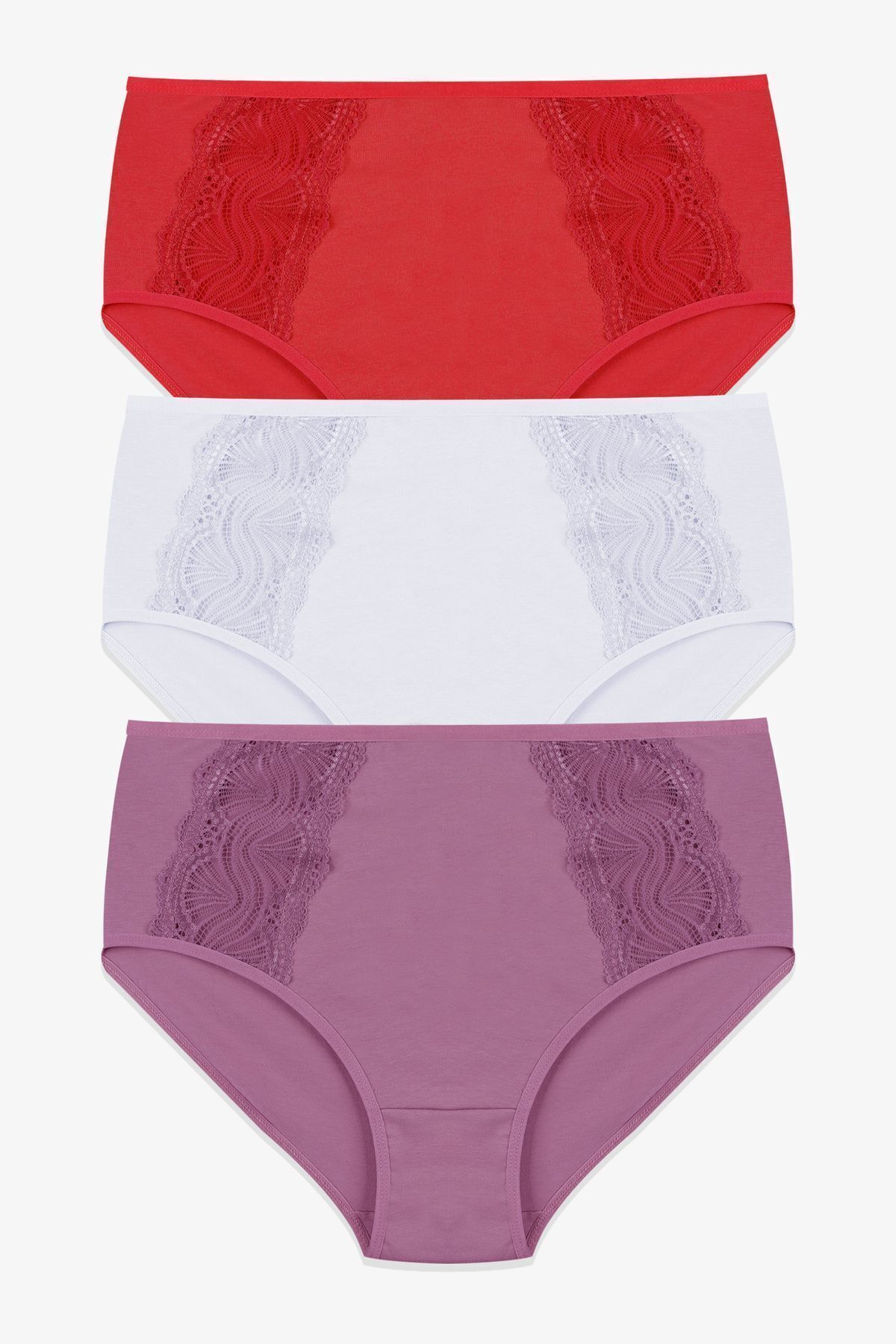 Kadın 3'lü Pamuklu Yan Dantelli Yüksek Bel Curve Külot kırmızıekrugulkurusu - XL/2XL - kırmızıekrugulkurusu - XL/2XL