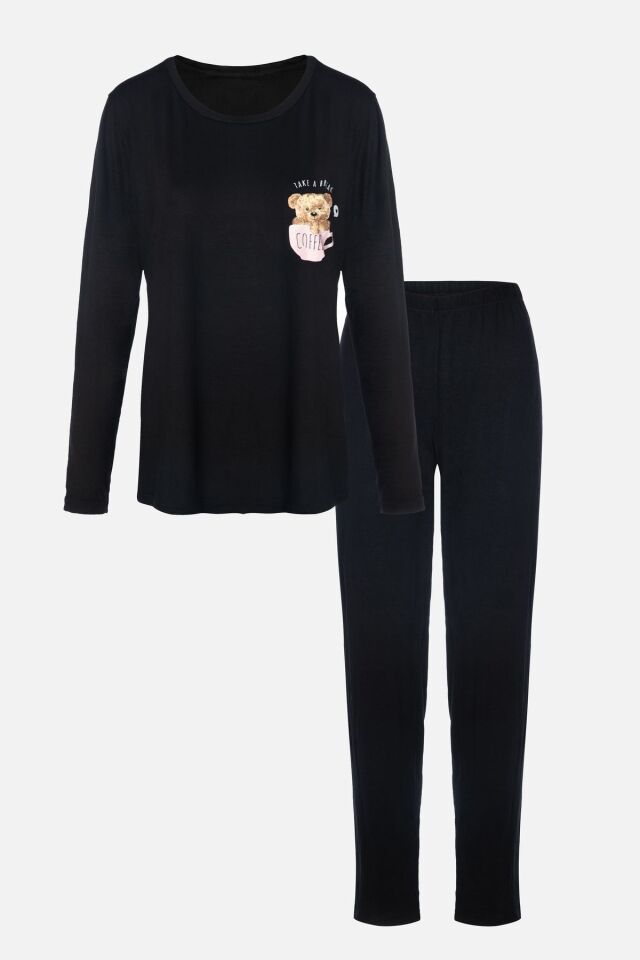 Kadın Yumuşak Dokulu Viskon Dökümlü Pijama Takımı Siyah - S