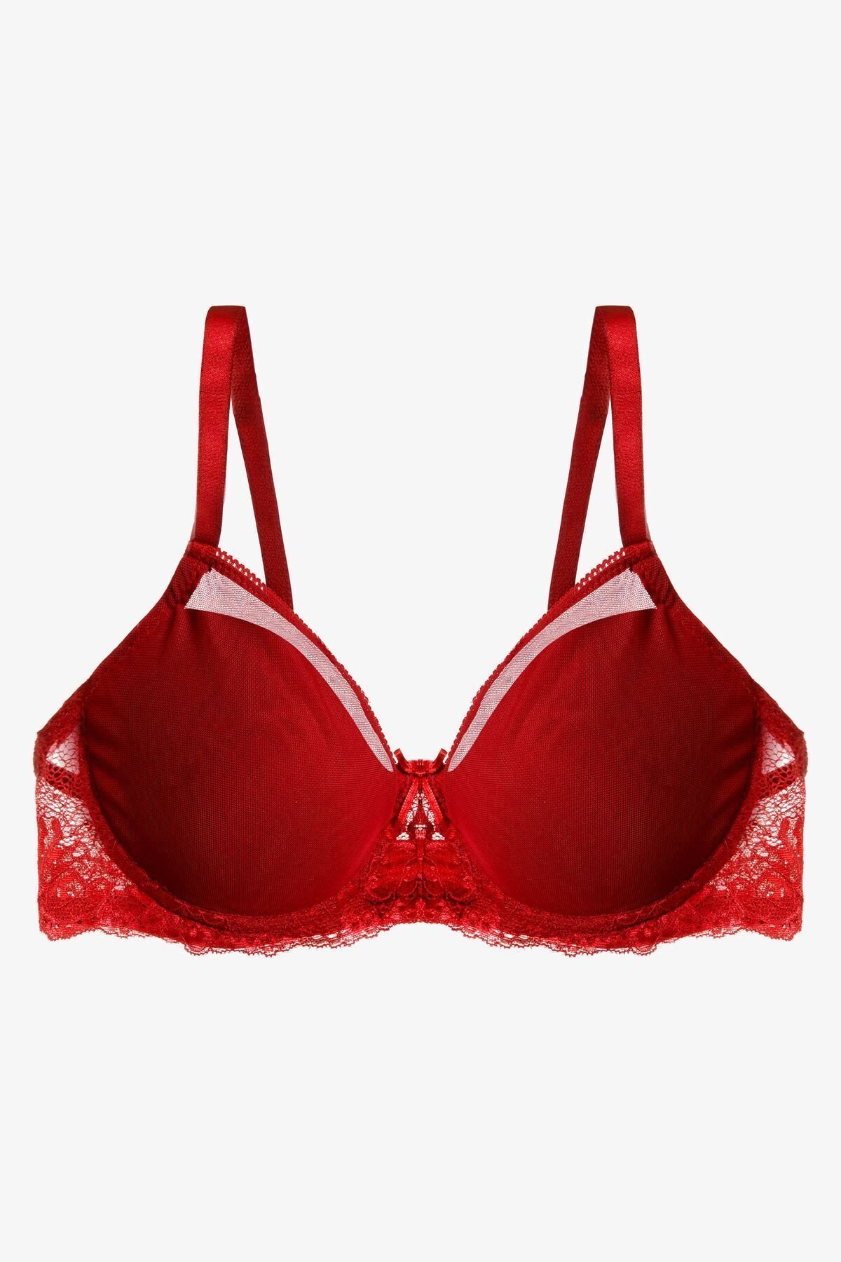 Sevgililer Günü Temalı Kadın Tül Detaylı Dolgusuz Toparlayıcı Minimizer Sütyen Kırmızı - 95B - Kırmızı - 95B