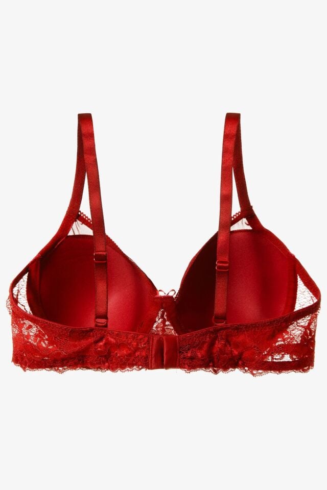 Sevgililer Günü Temalı Kadın Tül Detaylı Dolgusuz Toparlayıcı Minimizer Sütyen Kırmızı - 95B - Kırmızı - 95B