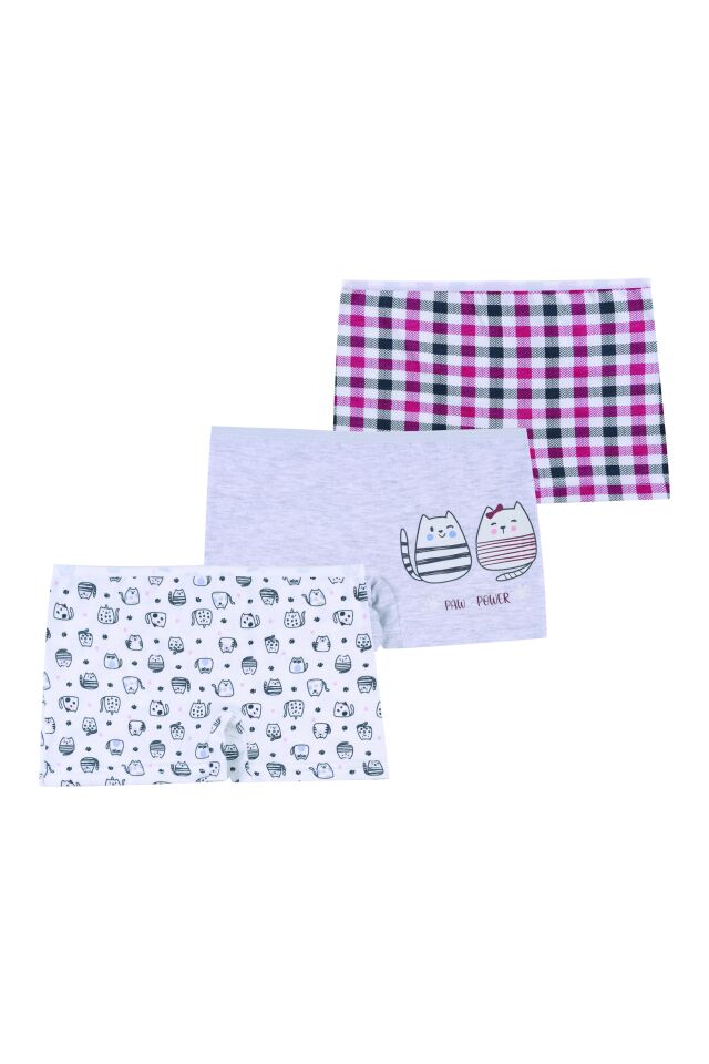 Kız Çocuk 3'lü Desenli Boxer Gri -  Beyaz - 9- 11 Yaş