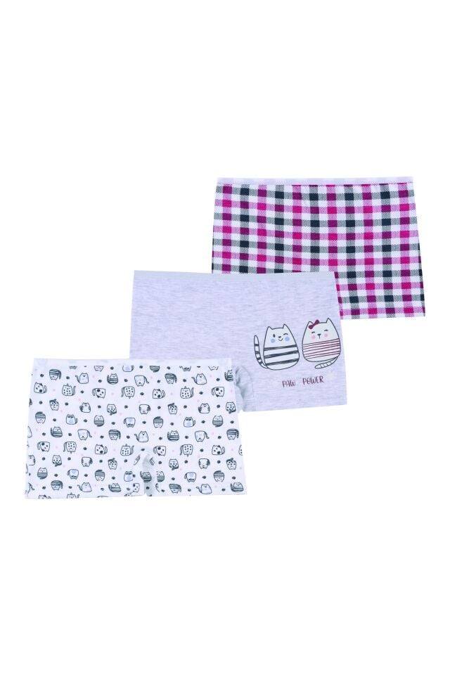 Kız Çocuk 3'lü Desenli Boxer Gri -  Beyaz - 9- 11 Yaş