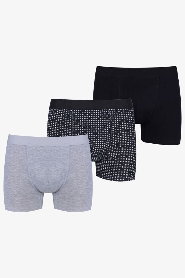 Erkek 3'lü Pamuklu Likralı Boxer KO9003BX-18 Gri Melanj-Etnik-Siyah - XL - KO9003BX-18 Gri Melanj-Etnik-Siyah - XL