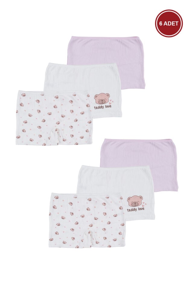 Kız Çocuk Pamuklu Fitilli 6'lı Desenli Boxer Pembe - Ekru - 9-11 Yaş