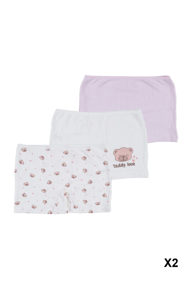 Kız Çocuk Pamuklu Fitilli 6'lı Desenli Boxer Pembe - Ekru - 9-11 Yaş