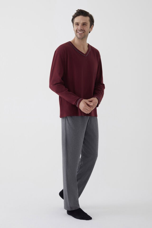 Erkek Pamuklu Uzun Kollu Ara Biyeli Cep Detaylı Pijama Takımı M - Bordo - Gri Melanj