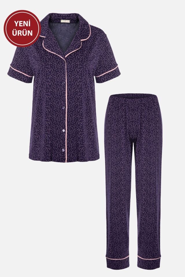 Kadın Kısa Kollu Pamuklu Puanlı Desenli Ara Biyeli Pijama Takımı Mor - M