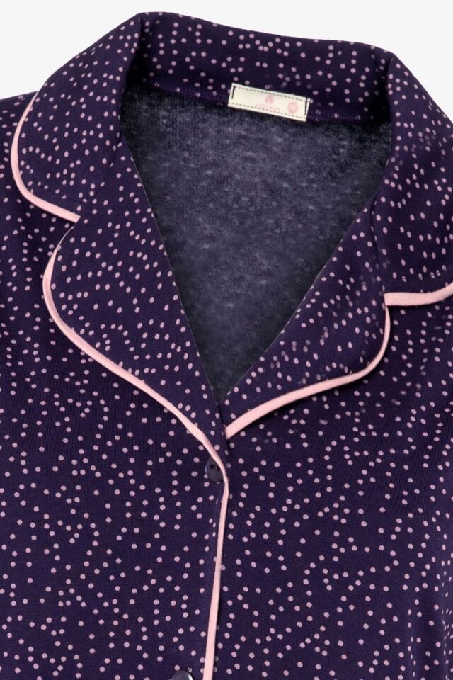 Kadın Kısa Kollu Pamuklu Puanlı Desenli Ara Biyeli Pijama Takımı Mor - M