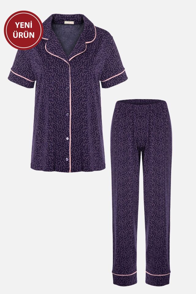 Kadın Kısa Kollu Pamuklu Puanlı Desenli Ara Biyeli Pijama Takımı Mor - S