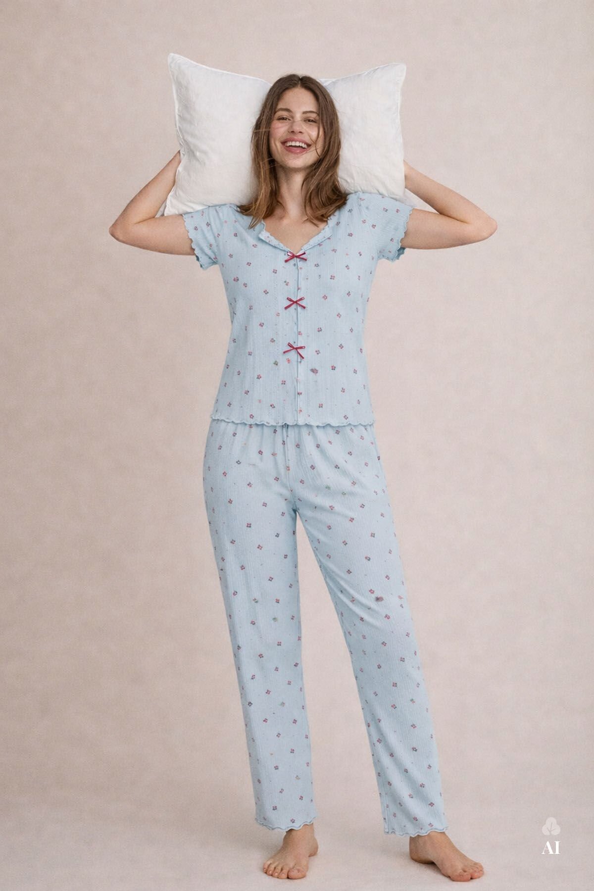 Kadın Kısa Kollu Fiyonklu Fitilli Pijama Takımı S