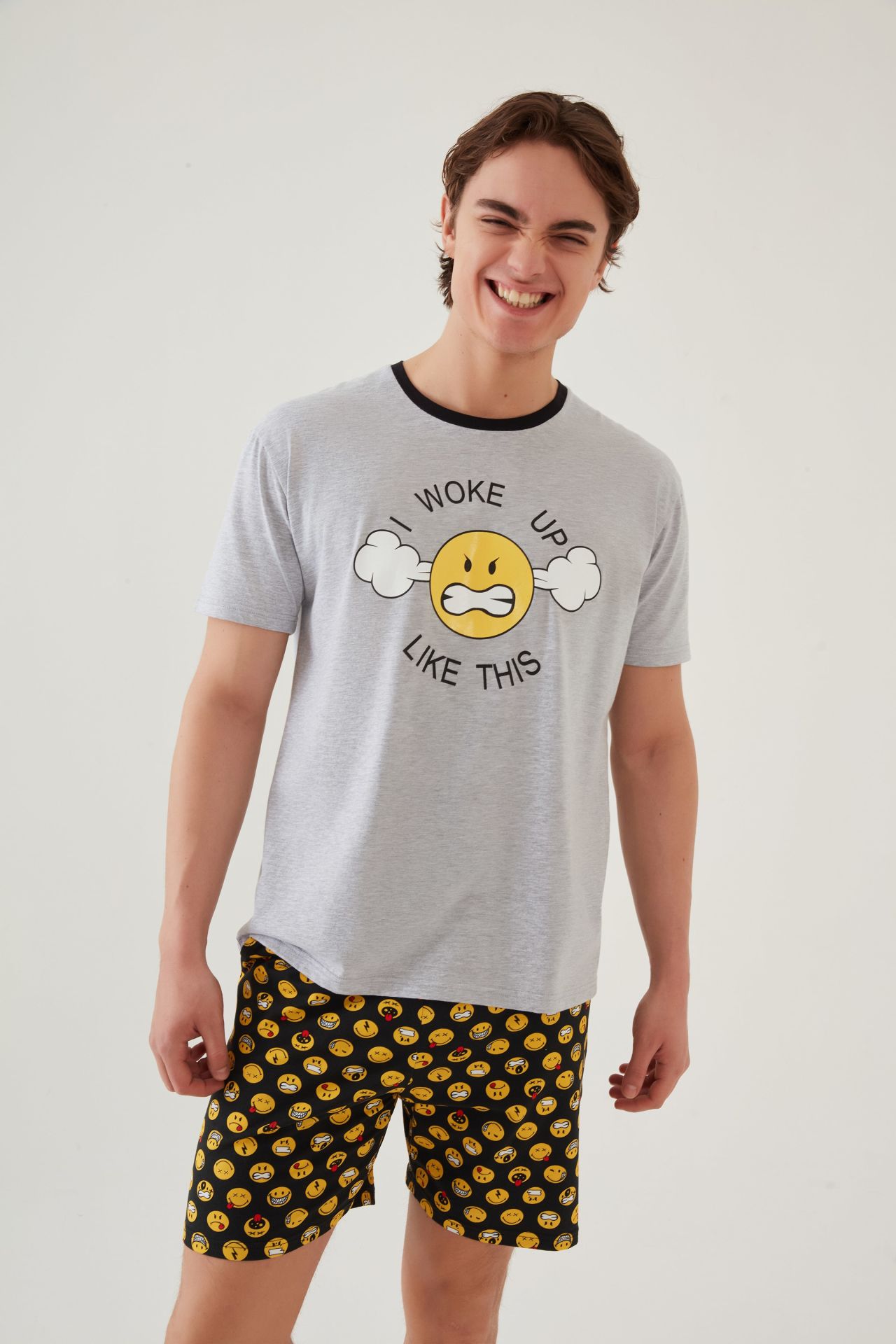 Erkek Pamuklu Baskı Detaylı Şort Takımı S - Gri - Sarı