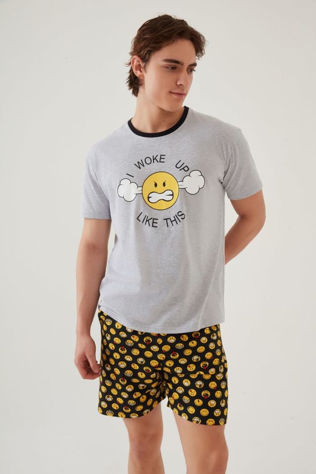 Erkek Pamuklu Baskı Detaylı Şort Takımı S - Gri - Sarı