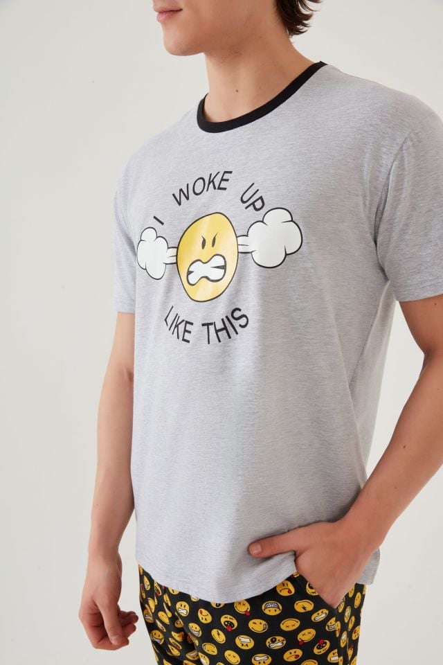 Erkek Pamuklu Baskı Detaylı Şort Takımı S - Gri - Sarı