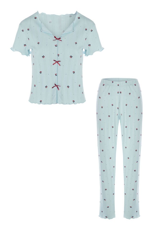 Kadın Kısa Kollu Fiyonklu Fitilli Pijama Takımı M