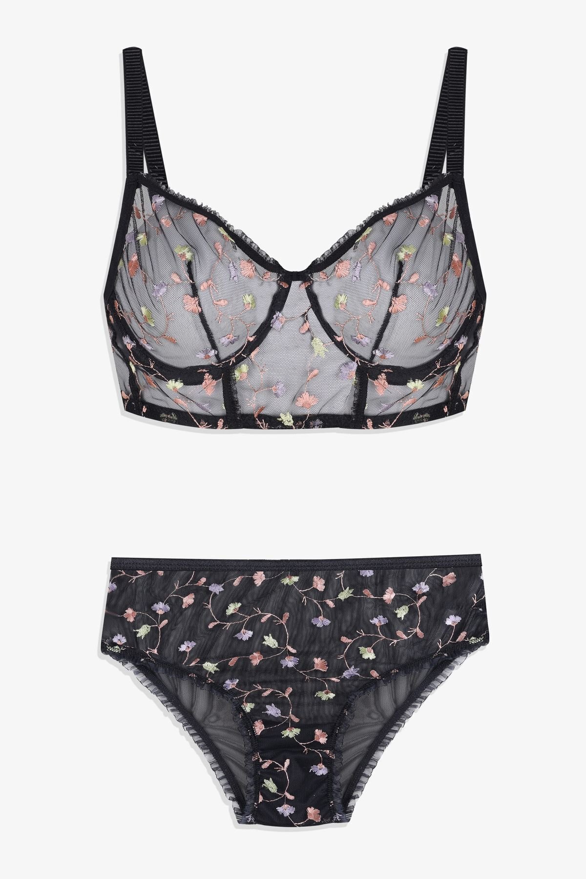 Kadın Çiçekli Desenli Dolgusuz Brodeli Tüllü Sütyen Takım Siyah - 80B - Siyah - 80B