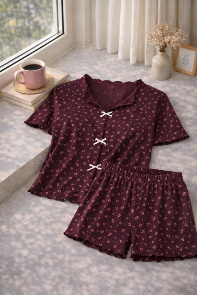Kadın Çiçek Desenli Fiyonklu Kaşkorse Kısa Kollu Şort Takım Bordo - Pembe - XL