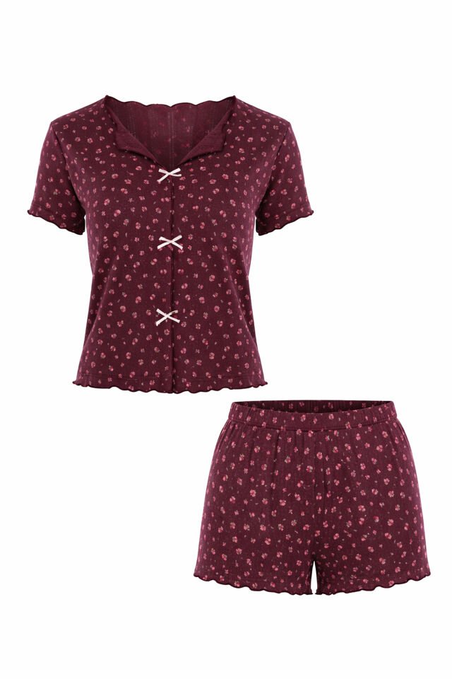 Kadın Çiçek Desenli Fiyonklu Kaşkorse Kısa Kollu Şort Takım Bordo - Pembe - XL