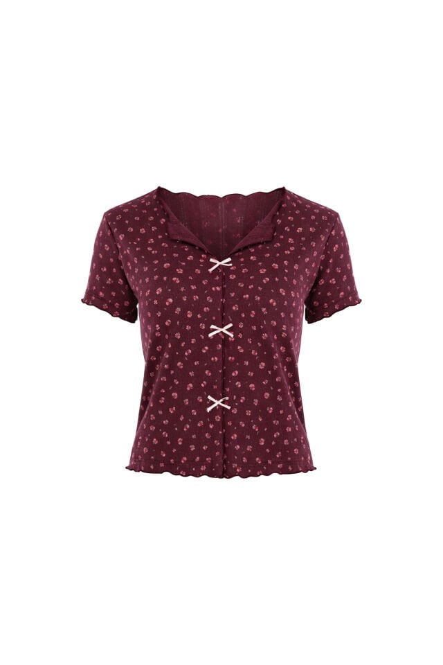 Kadın Çiçek Desenli Fiyonklu Kaşkorse Kısa Kollu Şort Takım Bordo - Pembe - XL