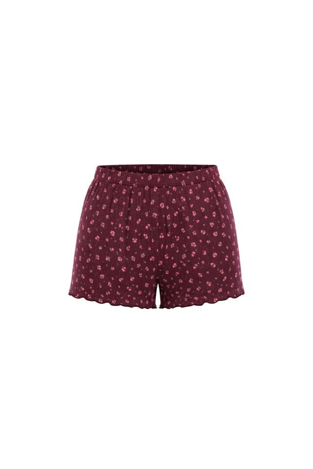 Kadın Çiçek Desenli Fiyonklu Kaşkorse Kısa Kollu Şort Takım Bordo - Pembe - XL