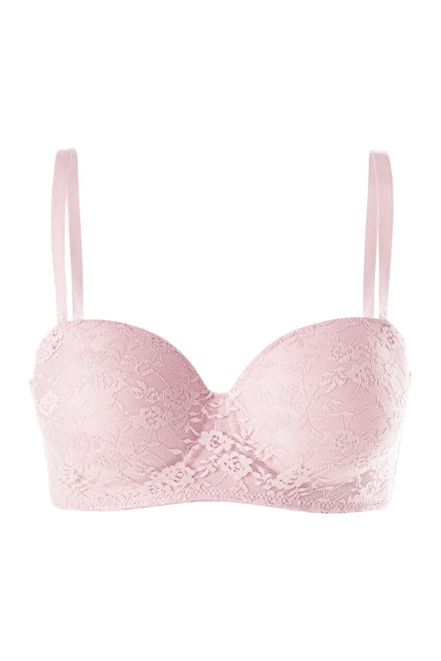 Kadın Dolgusuz Lez Dantelli Desteksiz Straplez Sütyen Pembe - 95B