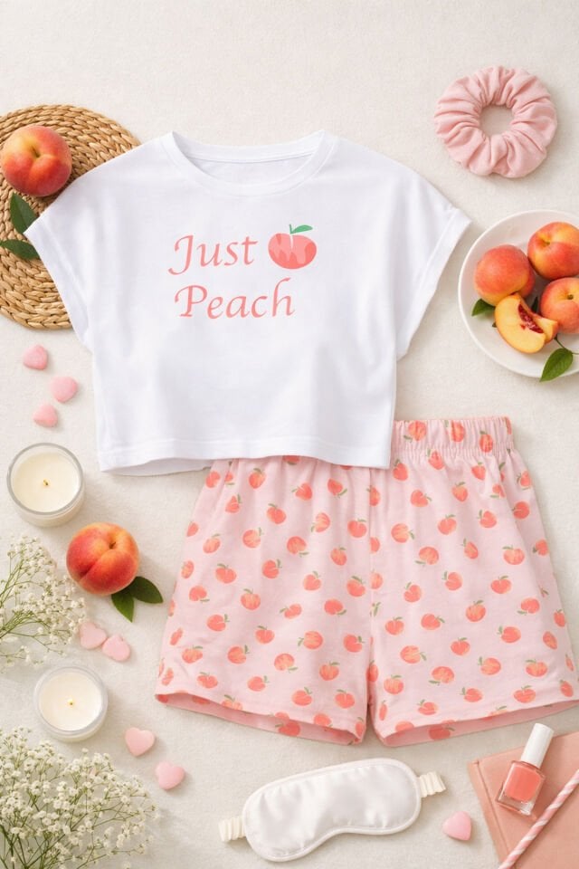 Kadın Düşük Omuzlu Şeftali Desenli Oversize Crop Şort Takım KO70122 Şeftalı - XL - KO70122 Şeftalı - XL