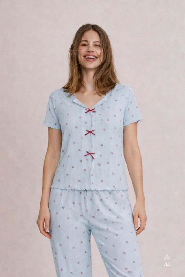 Kadın Kısa Kollu Fiyonklu Fitilli Pijama Takımı XL