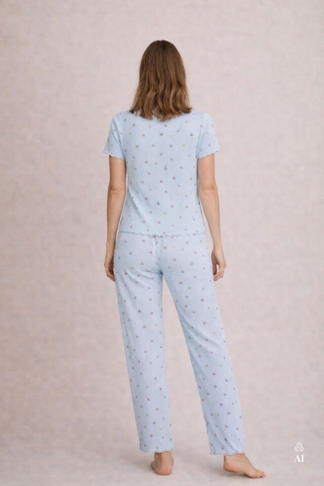 Kadın Kısa Kollu Fiyonklu Fitilli Pijama Takımı XL