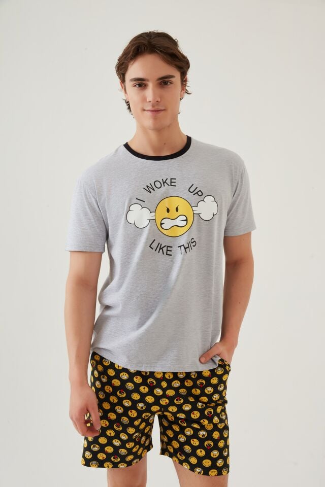 Erkek Pamuklu Baskı Detaylı Şort Takımı 2XL - Gri - Sarı