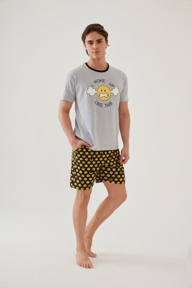 Erkek Pamuklu Baskı Detaylı Şort Takımı 2XL - Gri - Sarı