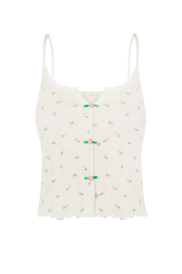 Kadın Çiçek Desenli Gül Fiyonklu İp Askılı Şort Takım