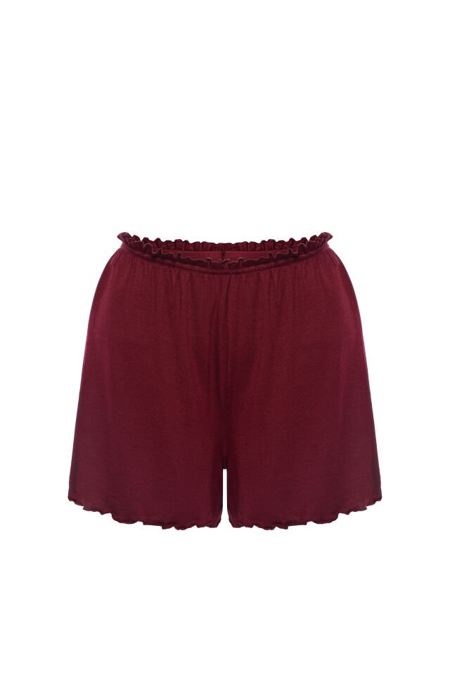 Kadın Viskon Yumuşak Dokulu Dantelli İp Askılı Şortlu Pijama Takımı Bordo - M
