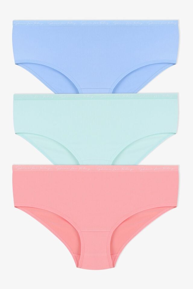 Kadın 3'lü Yazılı Lastikli Renkli Külot KO1003MKR-1 Buz Mavi - Su Yeşili - Turuncu - M