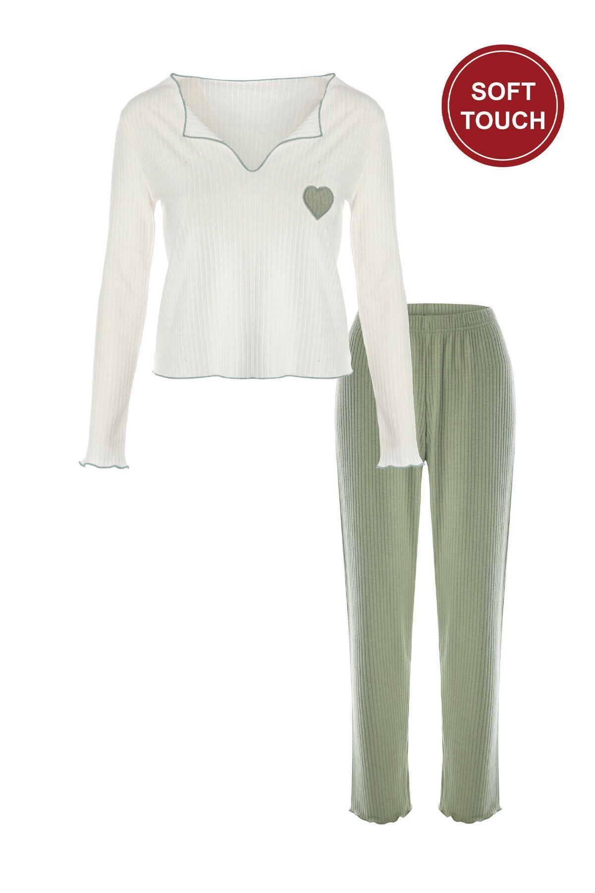 Kadın Soft Touch Fitilli Uzun Kollu Pijama Takımı Yeşil - Ekru - L