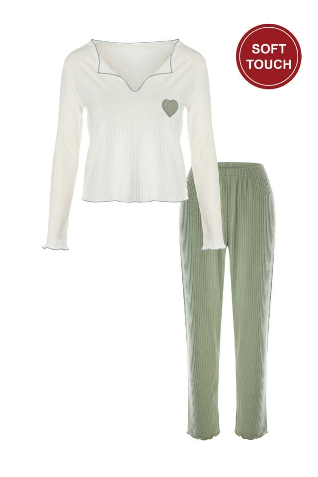Kadın Soft Touch Fitilli Uzun Kollu Pijama Takımı Yeşil - Ekru - L