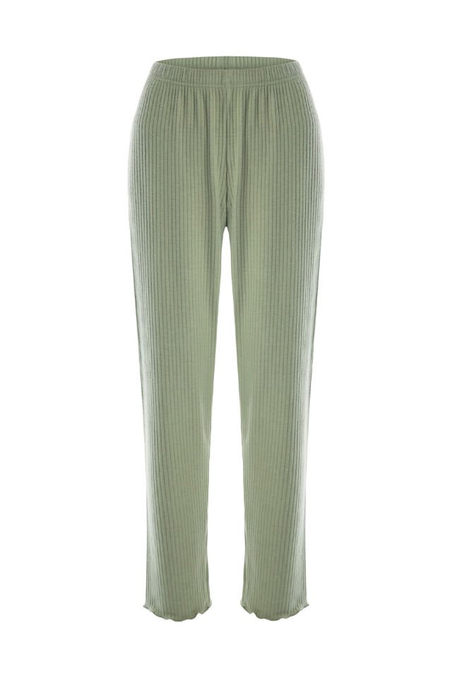 Kadın Soft Touch Fitilli Uzun Kollu Pijama Takımı Yeşil - Ekru - L