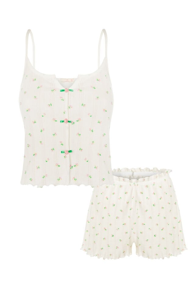 Kadın Çiçek Desenli Gül Fiyonklu İp Askılı Şort Takım Yeşil- Pembe - XL