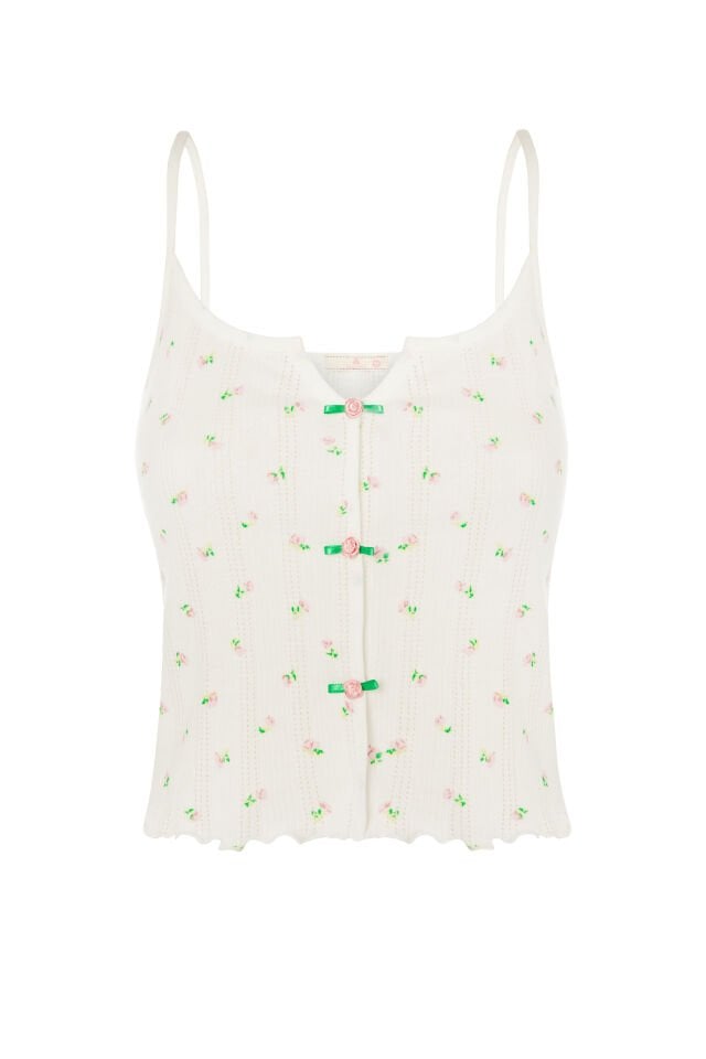 Kadın Çiçek Desenli Gül Fiyonklu İp Askılı Şort Takım Yeşil- Pembe - XL