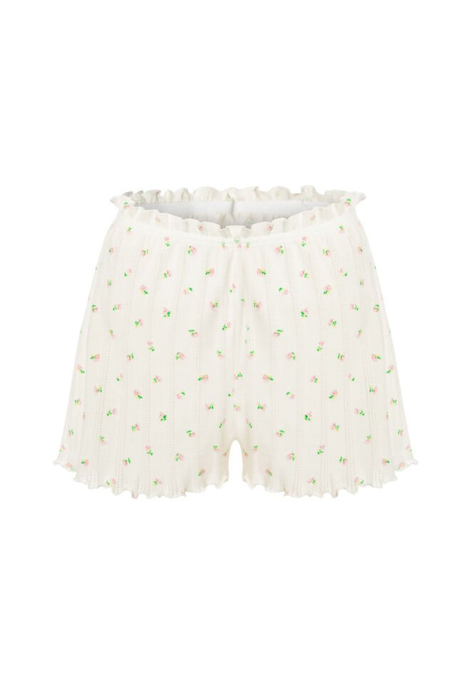 Kadın Çiçek Desenli Gül Fiyonklu İp Askılı Şort Takım Yeşil- Pembe - XL