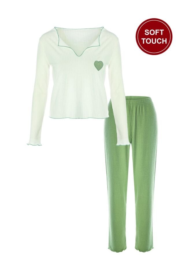 Kadın Soft Touch Fitilli Uzun Kollu Pijama Takımı Yeşil - Ekru - XL