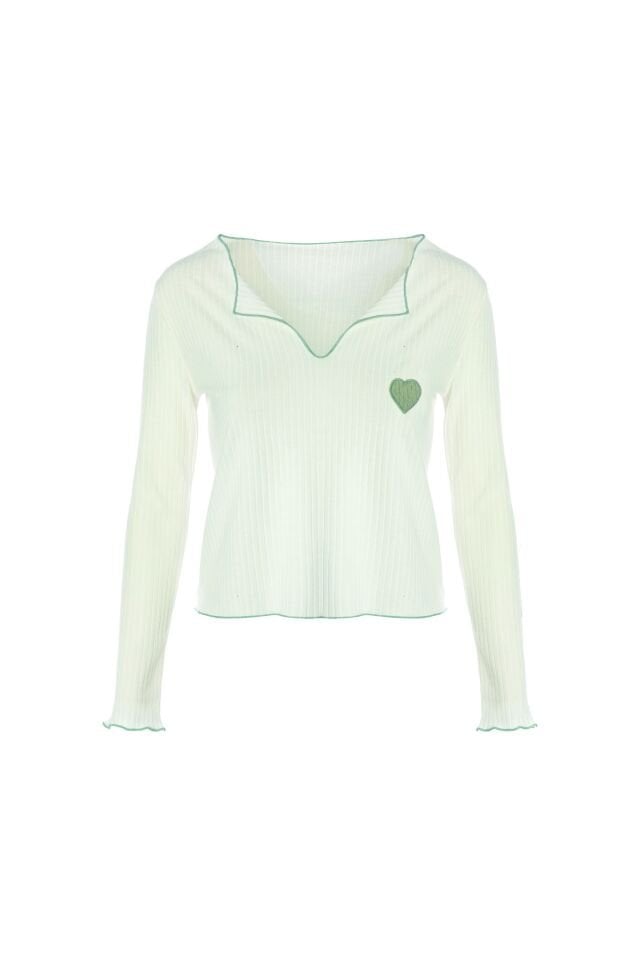 Kadın Soft Touch Fitilli Uzun Kollu Pijama Takımı Yeşil - Ekru - XL