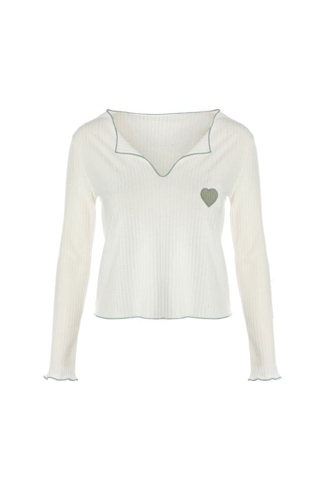 Kadın Soft Touch Fitilli Uzun Kollu Pijama Takımı Yeşil - Ekru - XL