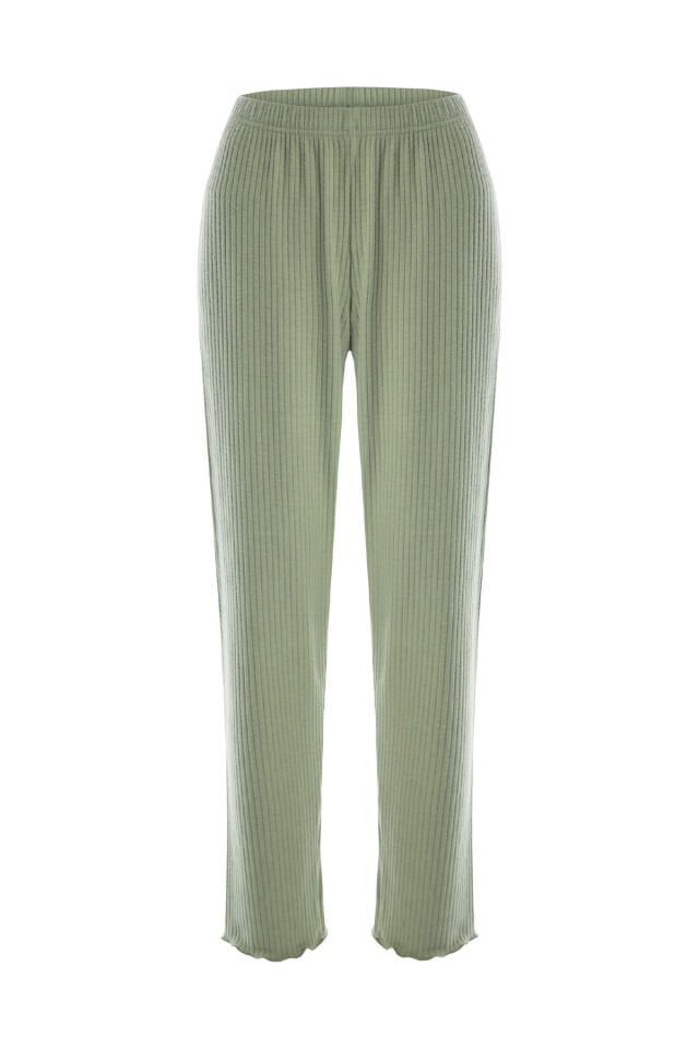 Kadın Soft Touch Fitilli Uzun Kollu Pijama Takımı Yeşil - Ekru - XL