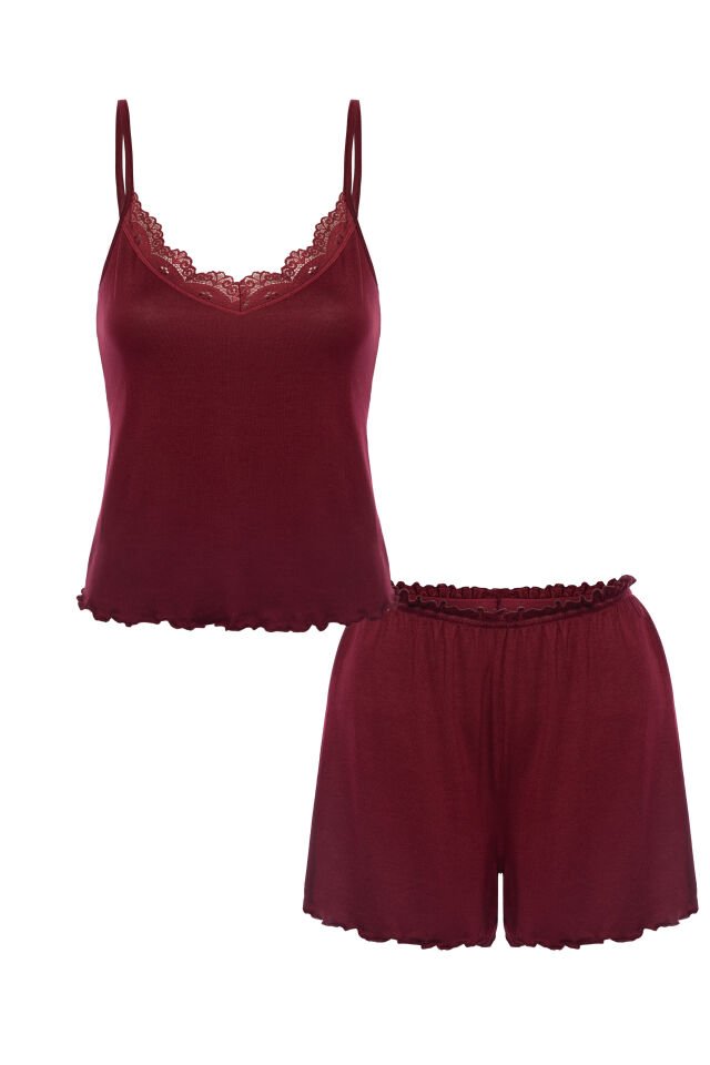 Kadın Viskon Yumuşak Dokulu Dantelli İp Askılı Şortlu Pijama Takımı Bordo - XL